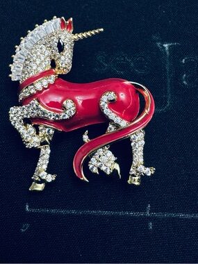 Red Enamel and Crystal Unicorn Brooch
